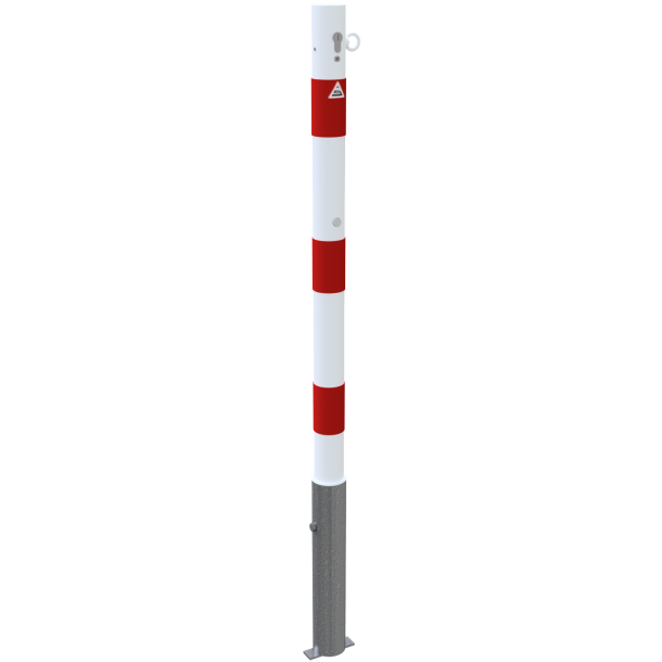 Barrier posts | Steel tube  60 x 2,5 mm | removable | with Euro profile cylinder lock | hot-dip galvanized and white coatedwith three red reflecting stripes | with 1 eyelet